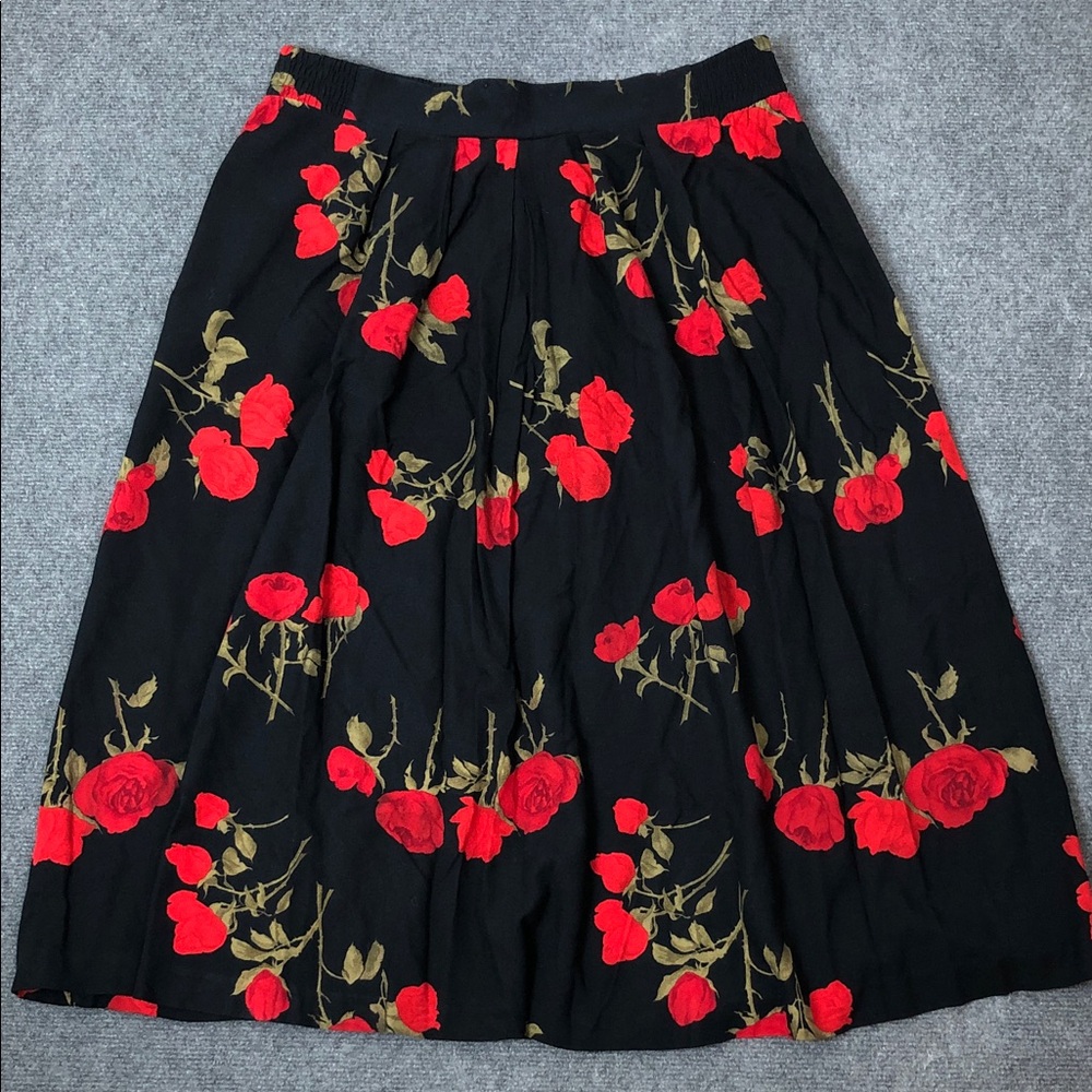 Lauren Alexandra Black A-Line Midi Skirt with Red Rose Print Sz 18 (V1)